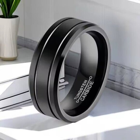 Mens Black Tungsten Carbide Wedding Band Size 9 - Picture 5 of 6